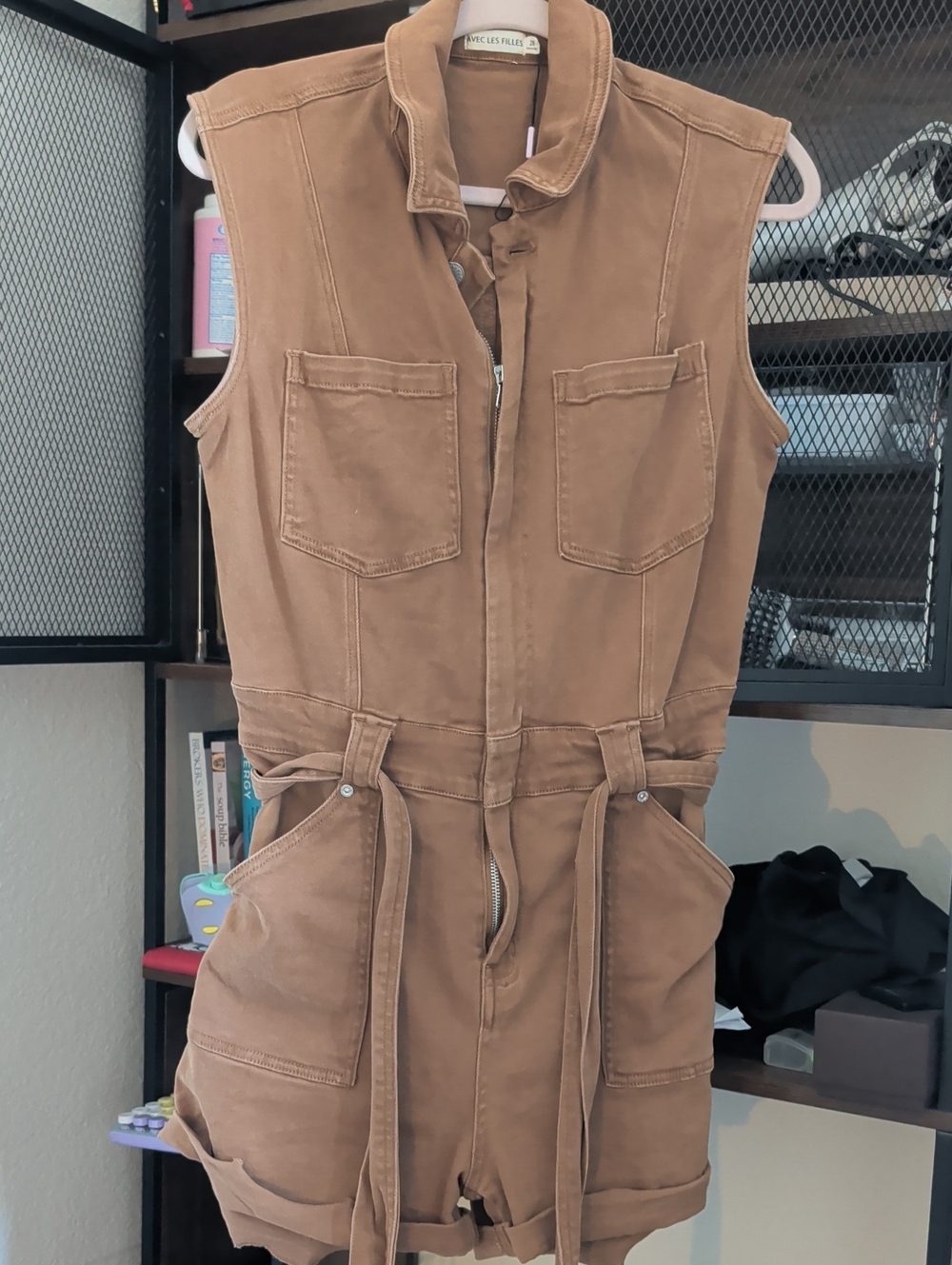 Avec Les Filles Brown Sleeveless Utility Romper